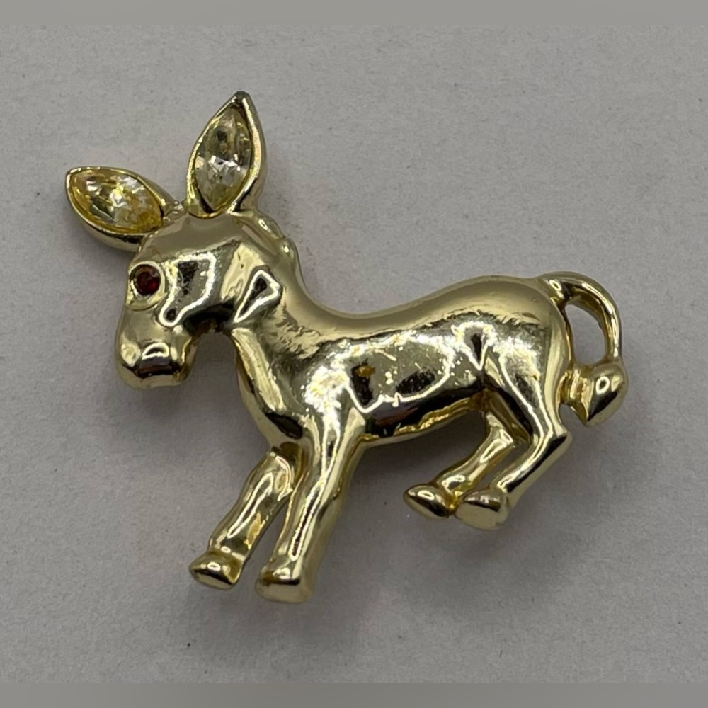 3 for $30 Vintage Small Donkey Brooch Pin Gold Tone with Faceted Crystals